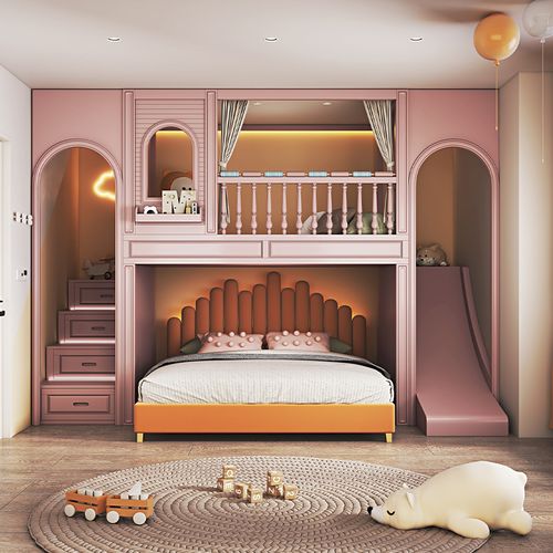 定制儿童房设计全实木上下铺双层床现代姐弟房高低阁楼滑梯上下床