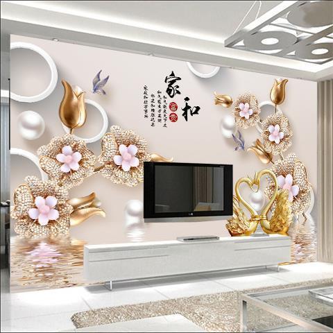5d电视背景墙壁纸3d大气现代中式家和墙纸影视墙装饰客厅定制壁画