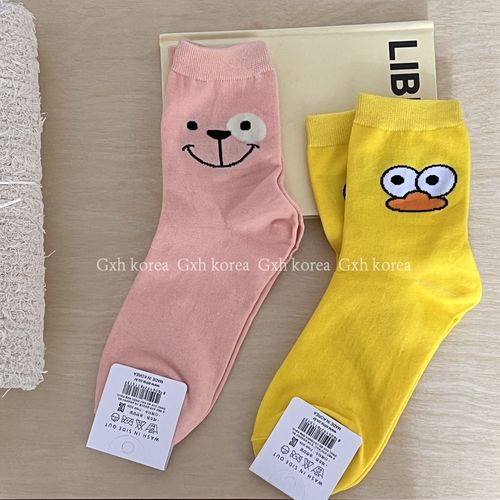 韩国进口etna可爱小动物女小花鸭粉色小熊舒适透气纯色棉袜长筒袜