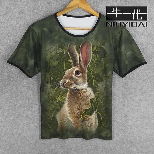 夏季流行兔子动物手绘图案男女t恤欧美青少年短袖印花时尚上衣服
