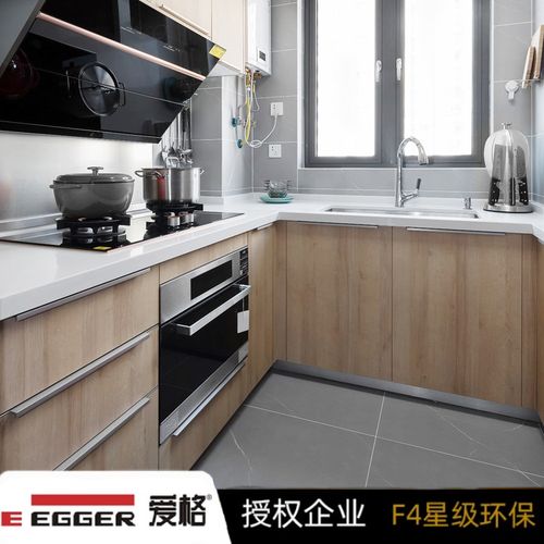 爱格整体橱柜定制现代简约轻奢石英石台面厨柜一体式l型厨房灶台