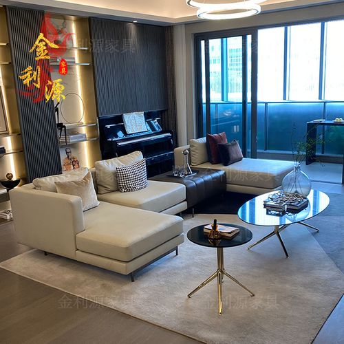 意式极简轻奢客厅皮艺转角沙发组合现代酒店样板房设计师高端家具