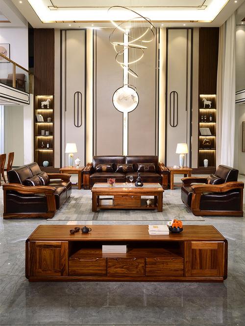 现代中式乌金木沙发全实木真皮沙发123组合套装客厅轻奢实木家具