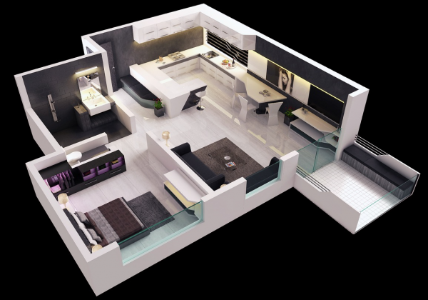 25个一居室户型装修3d布局效果图