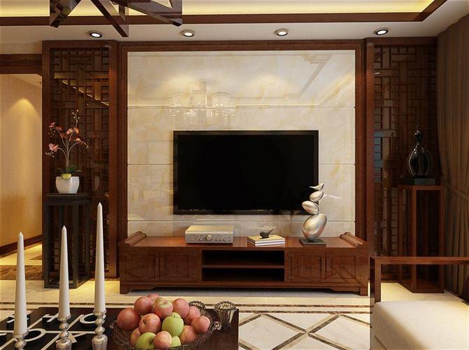 中式风格三居室客厅影视墙装修效果图