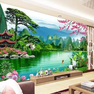 中式定制壁画8d立体山水风景画迎客松客厅装饰布5d电视背景墙壁纸