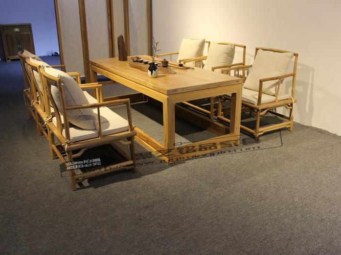 老榆木免漆茶桌椅组合实木新中式办公家具功夫茶几长条桌想