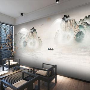 新中式水墨手绘山水风景3d立体客厅沙发电视背景墙壁纸影视墙壁画