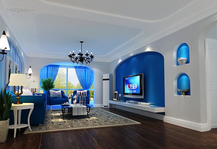 在洁白的客厅空间中蓝色电视背景墙与沙发布艺窗帘相互呼应营造了