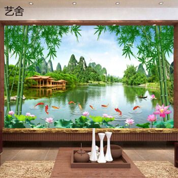 艺舍3d桂林山水风景画壁纸壁画客厅电视墙纸墙布竹子荷花沙发背景墙画