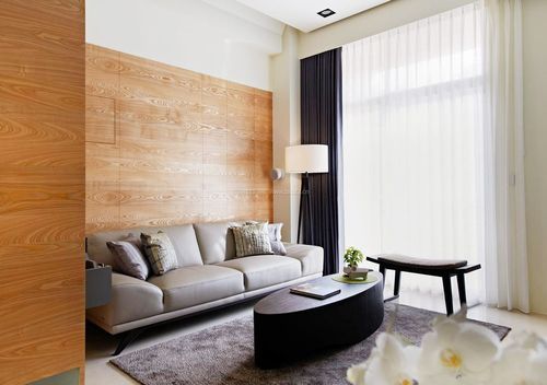 简约小户型客厅样板房木质背景墙装修效果图片