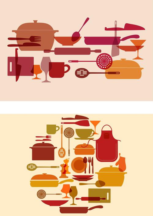 a1943矢量扁平化卡通厨房厨具用品锅碗瓢盆图案ai设计素材