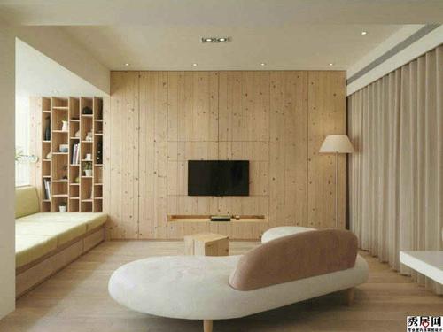 简约客厅原木色长条木地板电视背景墙设计图