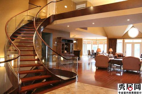 简约安全环保亚克力栏板楼梯设计图欧式三层别墅客厅地面采用实木复合