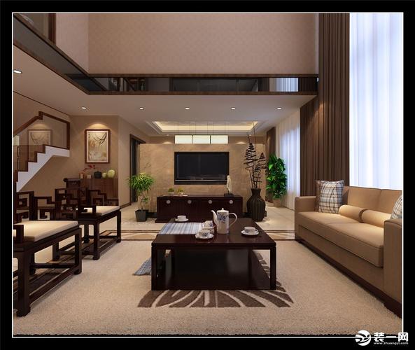 西安万科大明宫复式房子新中式风格设计方案客厅