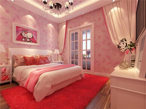暖色系壁纸轻巧浪漫的白纱粉色系hellokity的小卧室增加了不少童年