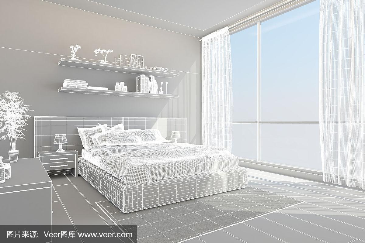 现代卧室的3d室内效果图