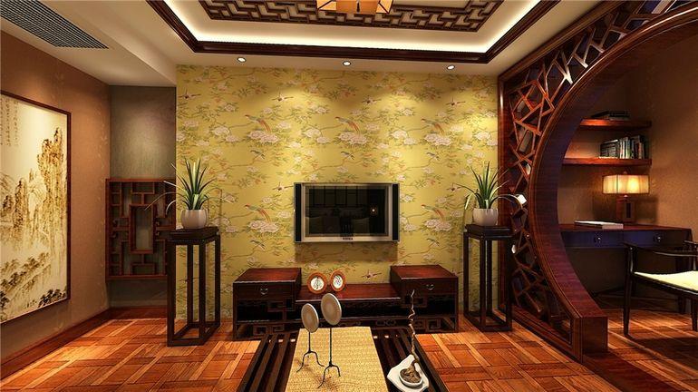 中式古典别墅客厅背景墙装修效果图