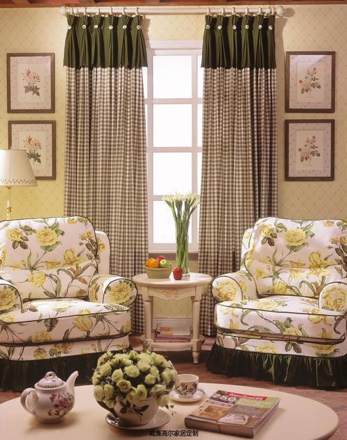 美式风格格子图案客厅窗帘