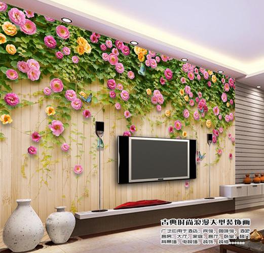 原创粉红蔷薇玫瑰花朵木板电视背景墙