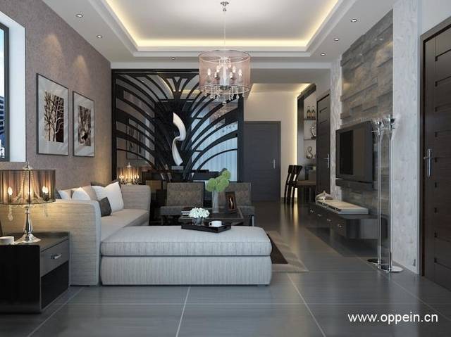 这间客厅时尚气息浓郁黑白灰三色相互交织再搭配设计独特的家具