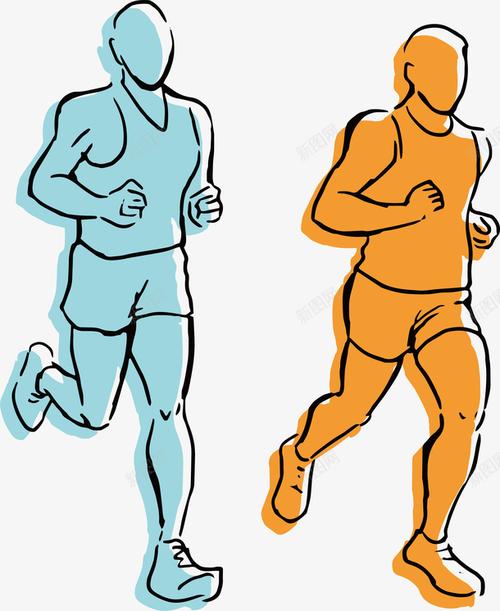 卡通线描马拉松赛跑步男运动员矢矢量图