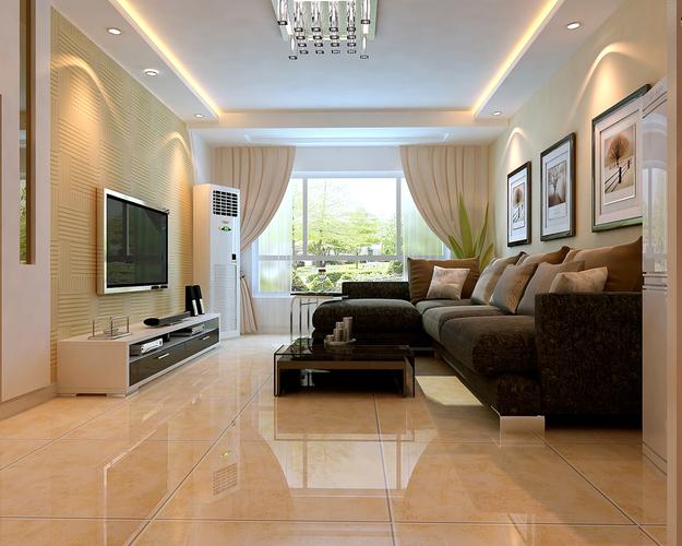 客厅是咖色的壁纸配上理石纹理的地砖让整个客厅显得更加舒适温馨