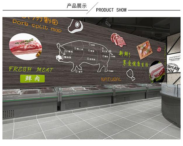 超市便利店商场吊楣装修墙纸蔬菜水果冻品海鲜猪肉生鲜区装饰壁纸