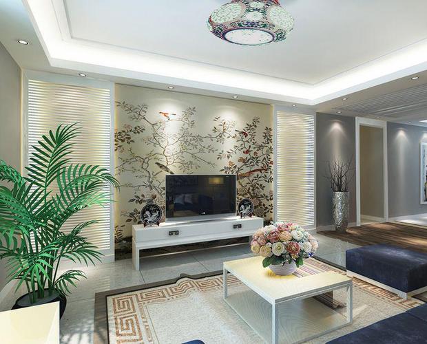 中式风格二居室客厅影视墙装修效果图欣赏