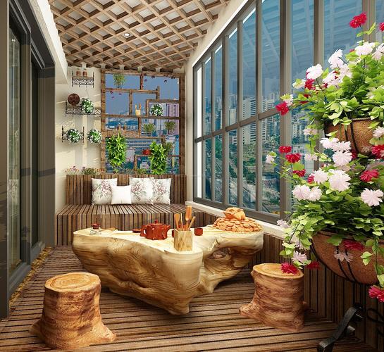 中式客厅阳台休闲区装饰装修效果图片
