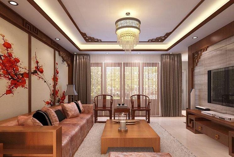 中式古典三居室客厅窗帘装修效果图欣赏