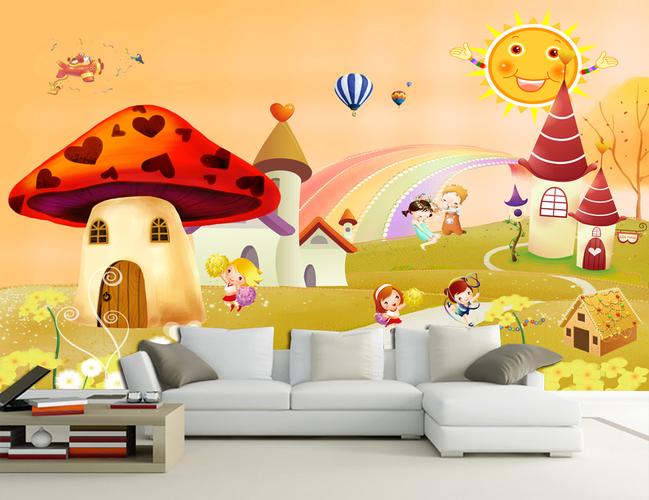 蘑菇房唯美卡通儿童房背景墙壁画