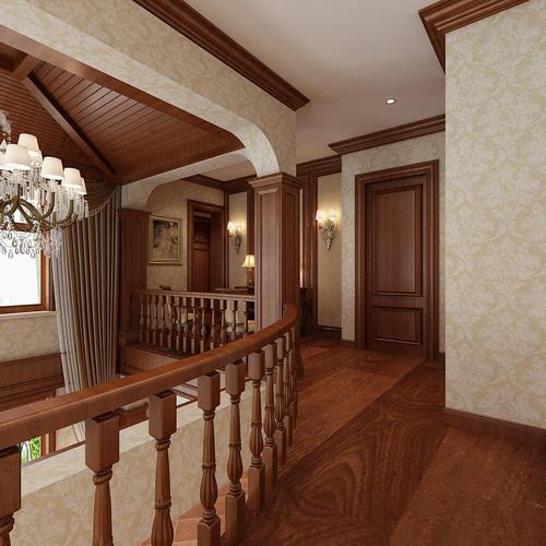 实木门美式楼梯扶手大型别墅二层过道效果图