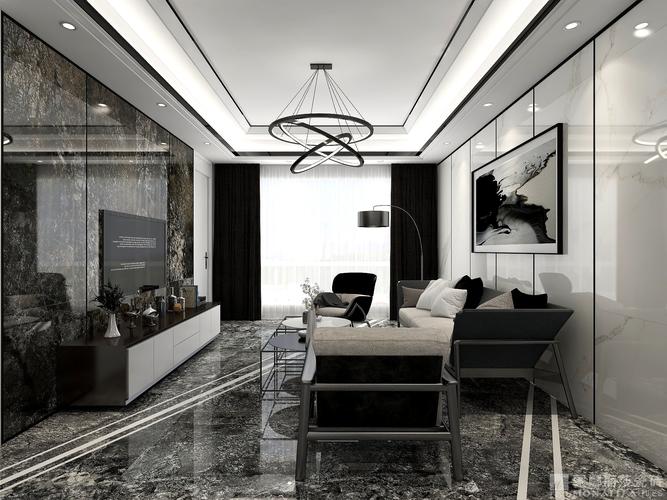 客厅便是一幅高大的现代几何装饰画黑白灰的色调运用与整体装修风格