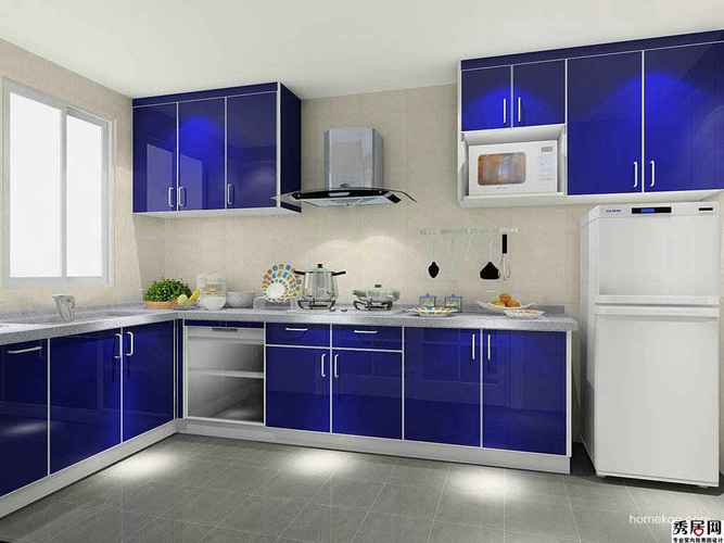 厨房蓝色烤漆橱柜装修效果图神秘蓝色油漆板整体橱柜设计图