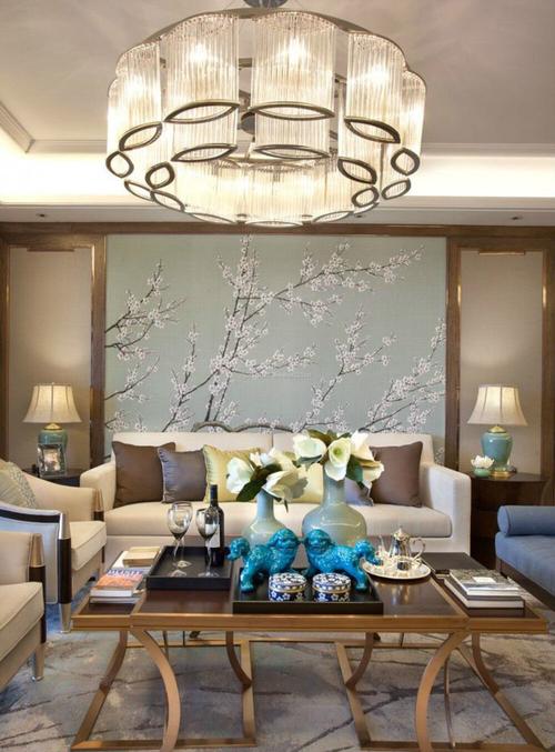 2017大气新中式风格客厅沙发背景墙装饰效果图