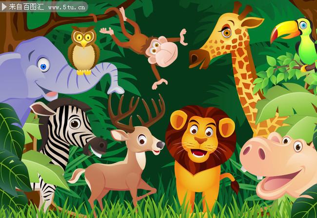 森林动物卡通图片主题为卡通动物可用作动物图片狮子大象森林