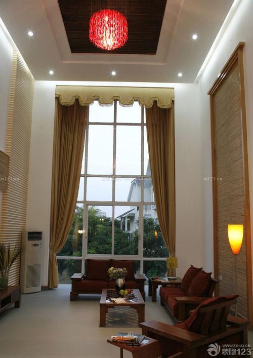 中式挑高客厅窗帘装修设计图片大全装修123效果图