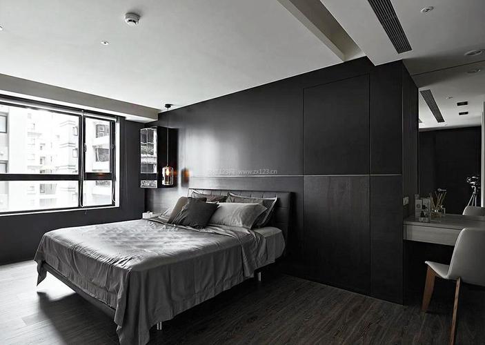 现代简约卧室灰色木地板装修效果图