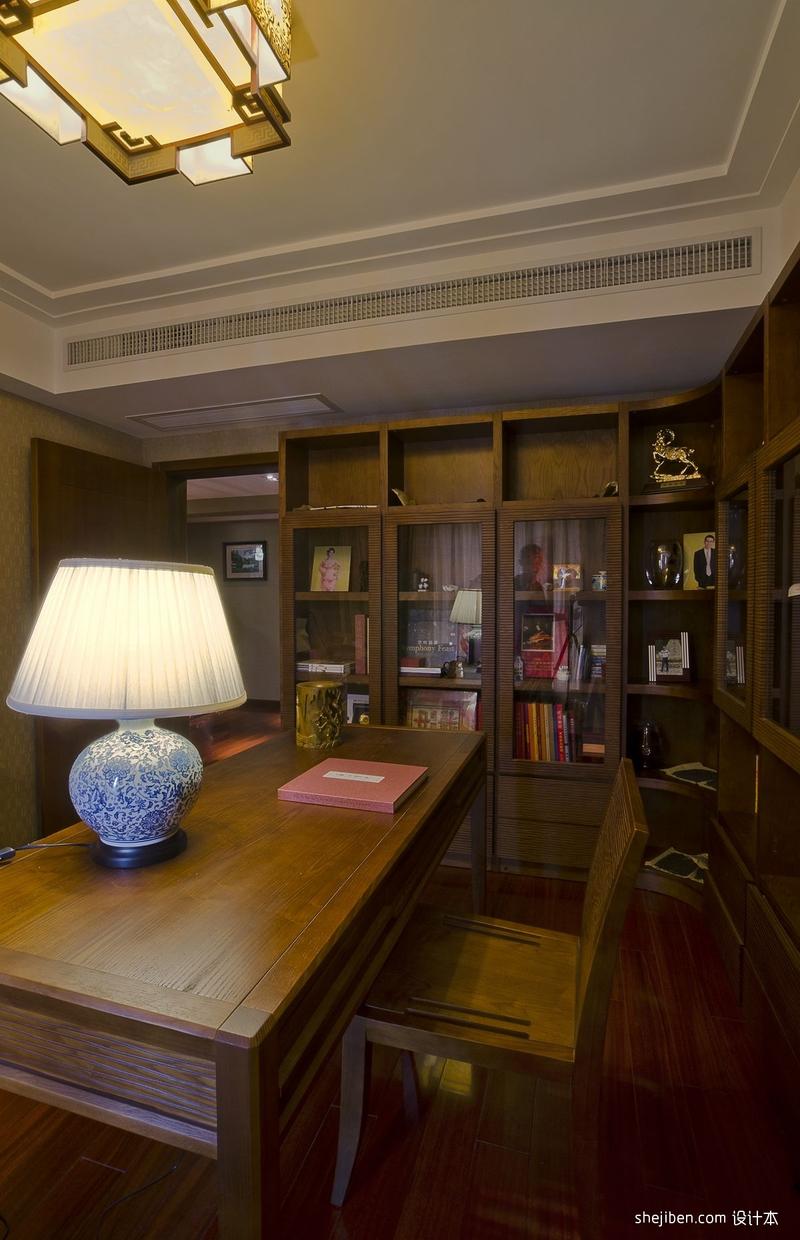 2013中式风格复式家装书房书架椅子书桌壁纸吊灯台灯装修效果图