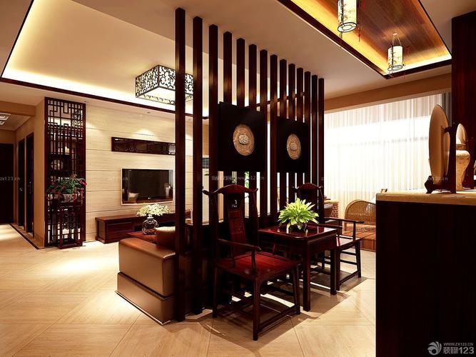 中式风格家庭客厅木质隔断装修样板间