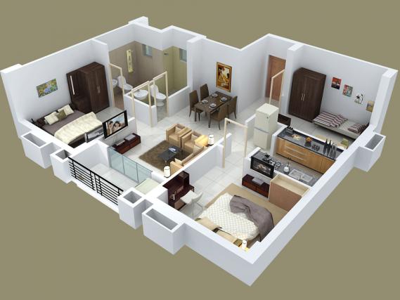 三居室户型装修3d布局效果图
