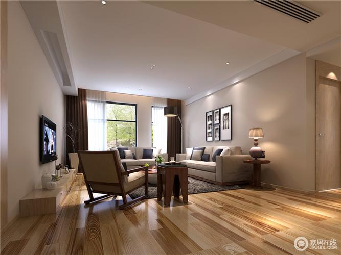 墙面以温暖的浅驼色打底配同色系的沙发及深褐色的布艺窗帘在简约
