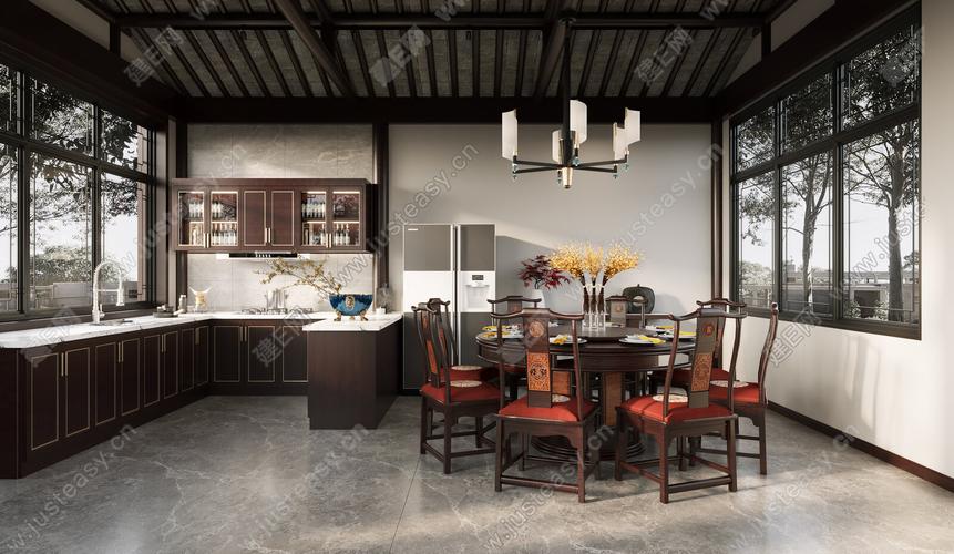 中式开放式厨房3d模型下载