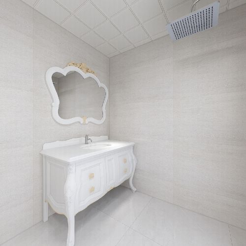 卫生间采用布纹砖吊顶使用白色铝扣板浴室柜使用白色