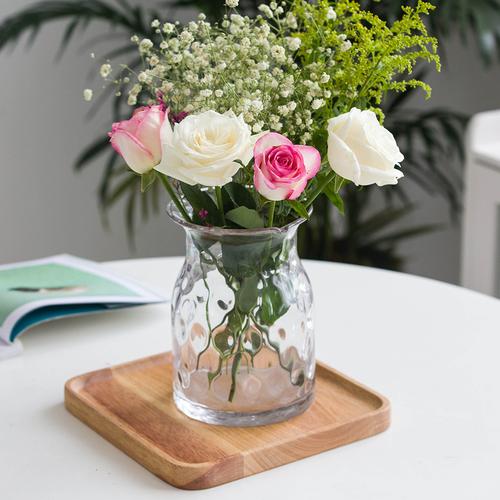 鲜花花瓶摆件客厅插花玫瑰花干花满天星玻璃透明宽口敞口波点餐桌
