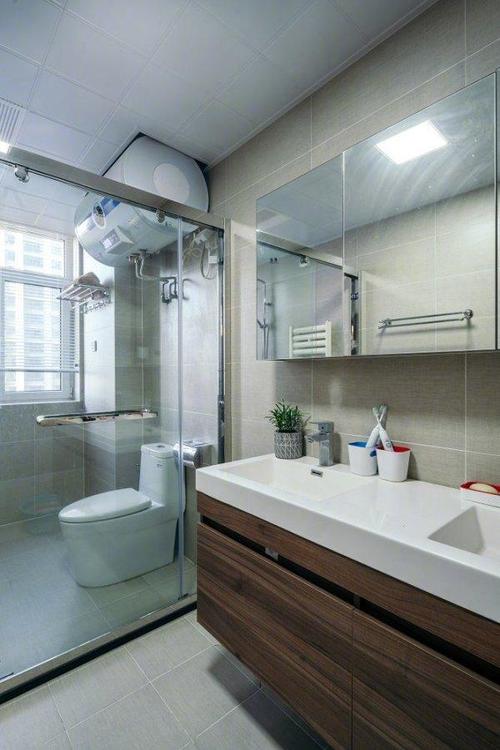 卫生间干湿分离用了灰色砖和玻璃隔断没有多余的装饰物但也不会显得