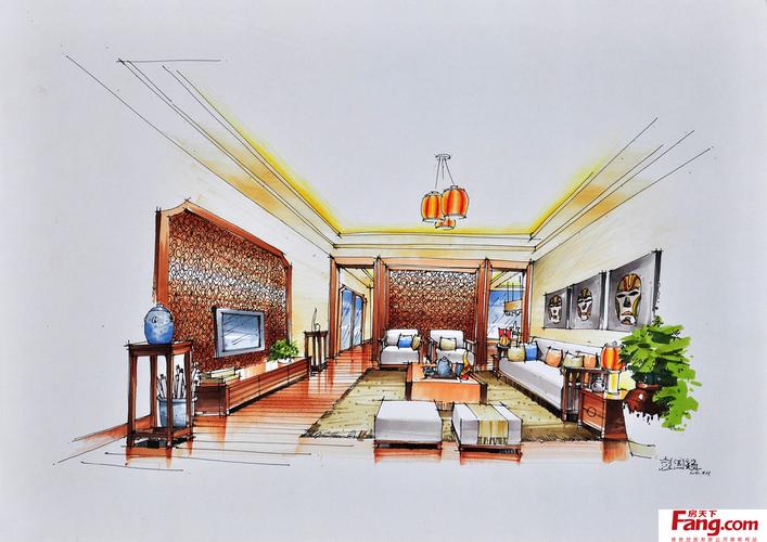 中式客厅手绘效果图