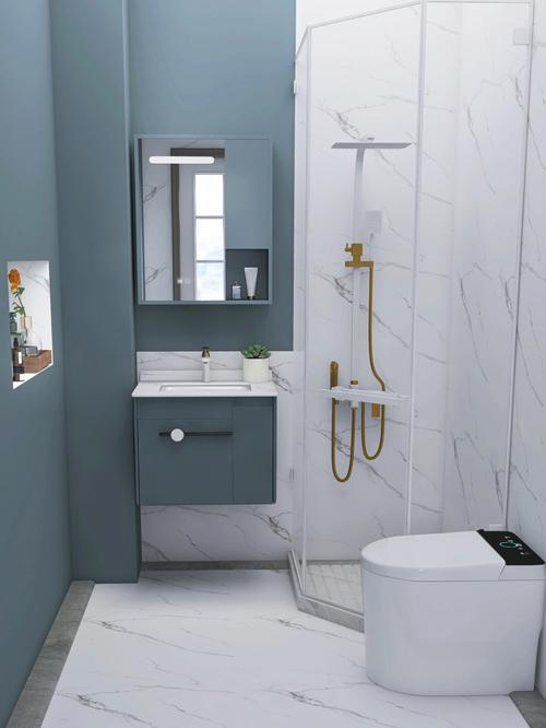 风格系列97蓝白色搭配小尺寸雾霾蓝浴室柜抽拉柜体设计大容量大尺