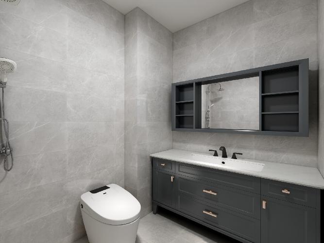 卫生间以灰色为主灰色的亮面瓷砖搭配灰蓝色的哑光浴室柜